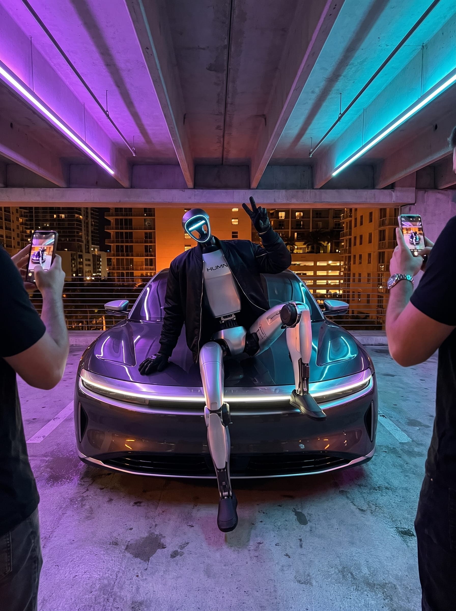 Jeff, el robot humanoide, en Miami: encuentro nocturno de autos